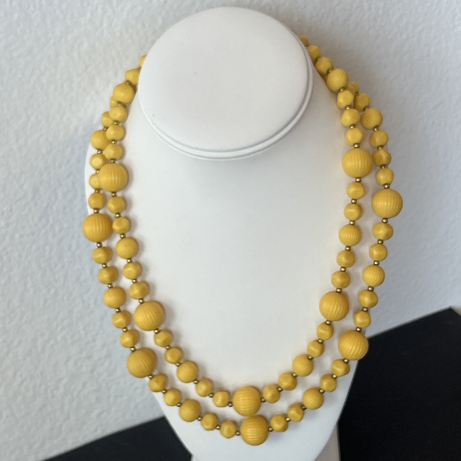 Vintage 2 Strand Yellow Beaded Necklace Textured Retro MCM Casual Woman’s 20″