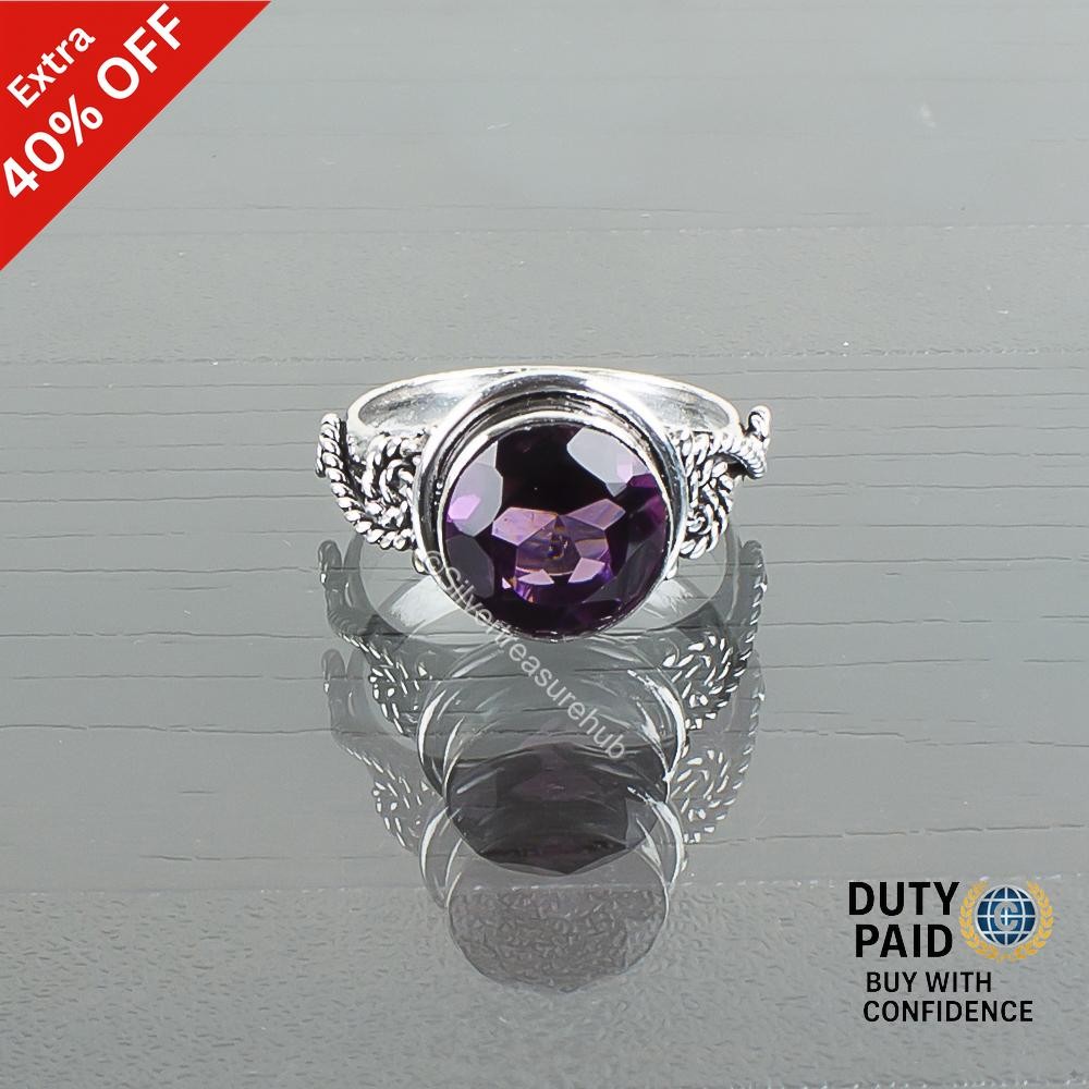February Birth Round Natural African Amethyst Boho Band Ring 925 Sterling Silver