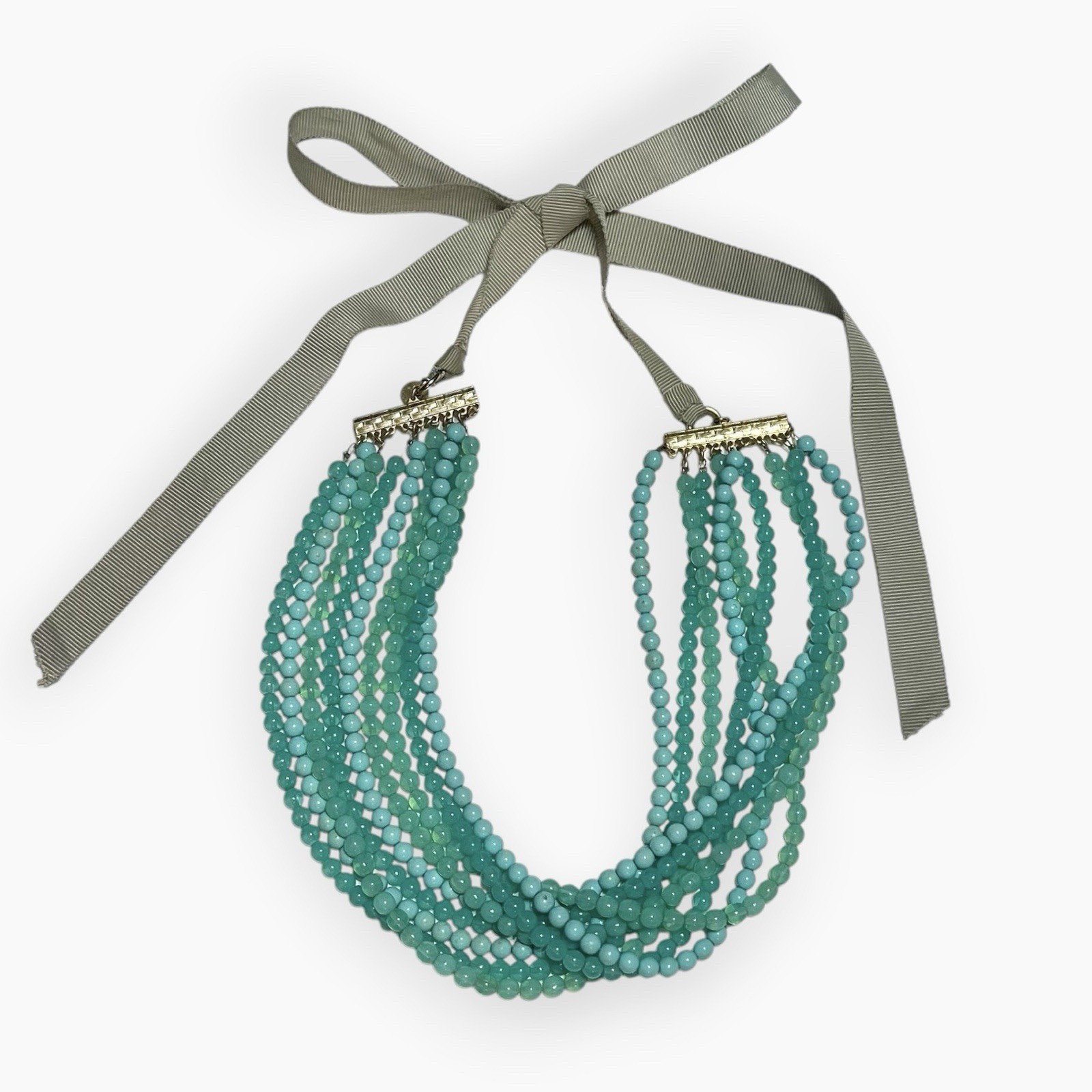 LOREN HOPE Beaded Necklace Good Tone Turquoise Blue Green Multi Strand Ribbon