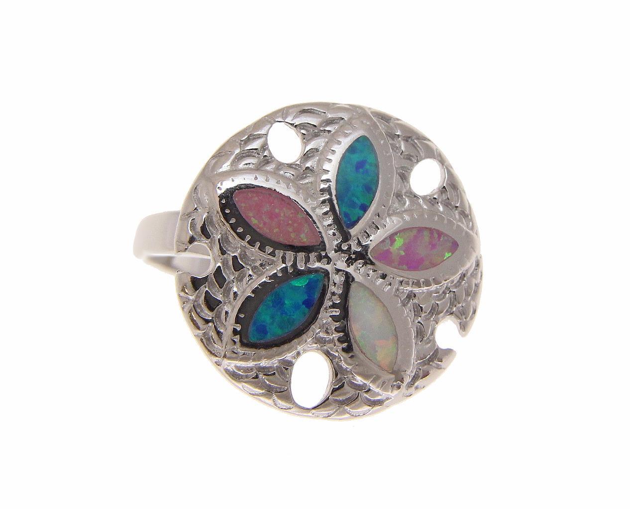 BLUE WHITE PINK TRICOLOR INLAY OPAL RING HAWAIIAN SAND DOLLAR 925 SILVER