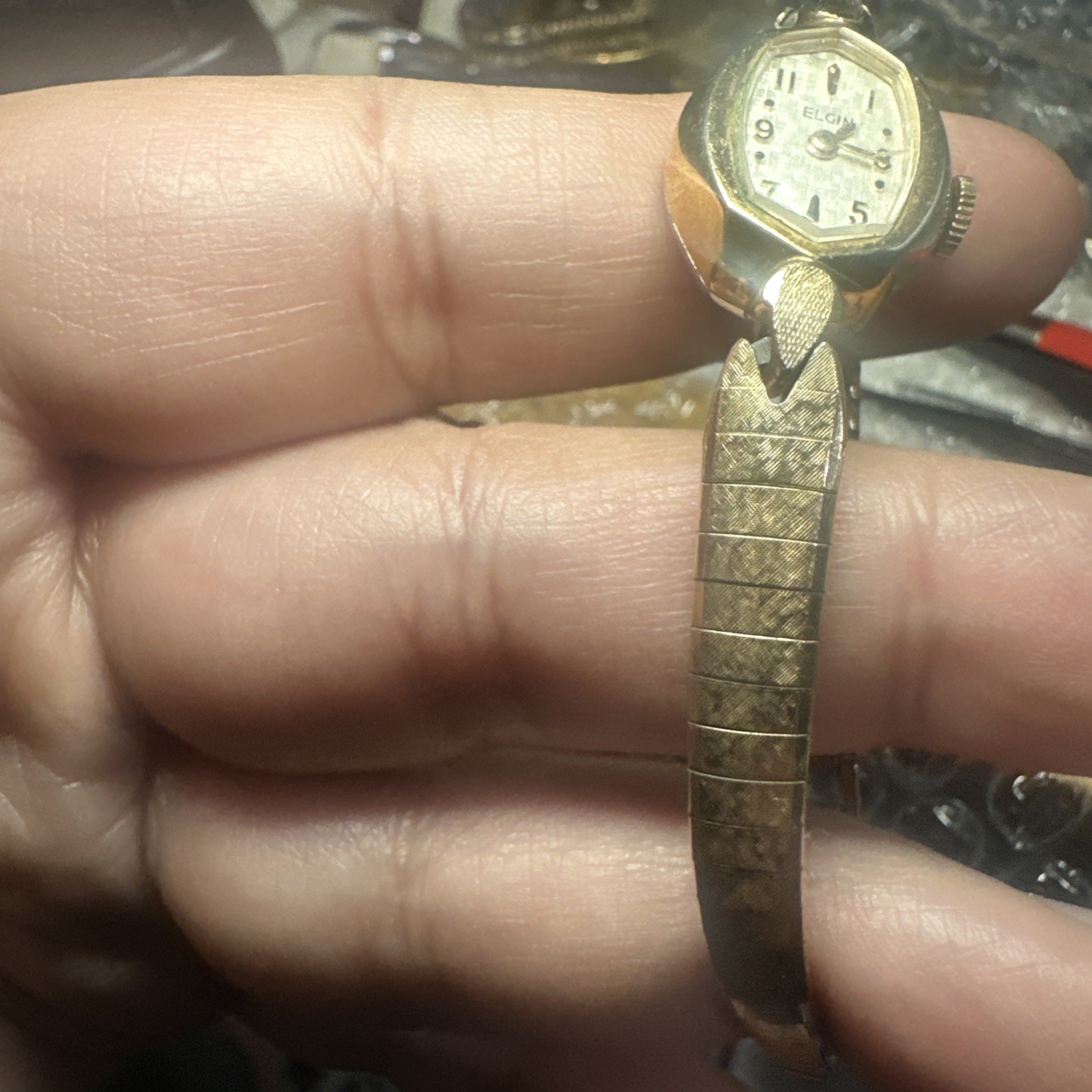 Working Vintage Elgin Ladies Check-board Dial Watch 16mm Fit 6in” Manual Wind