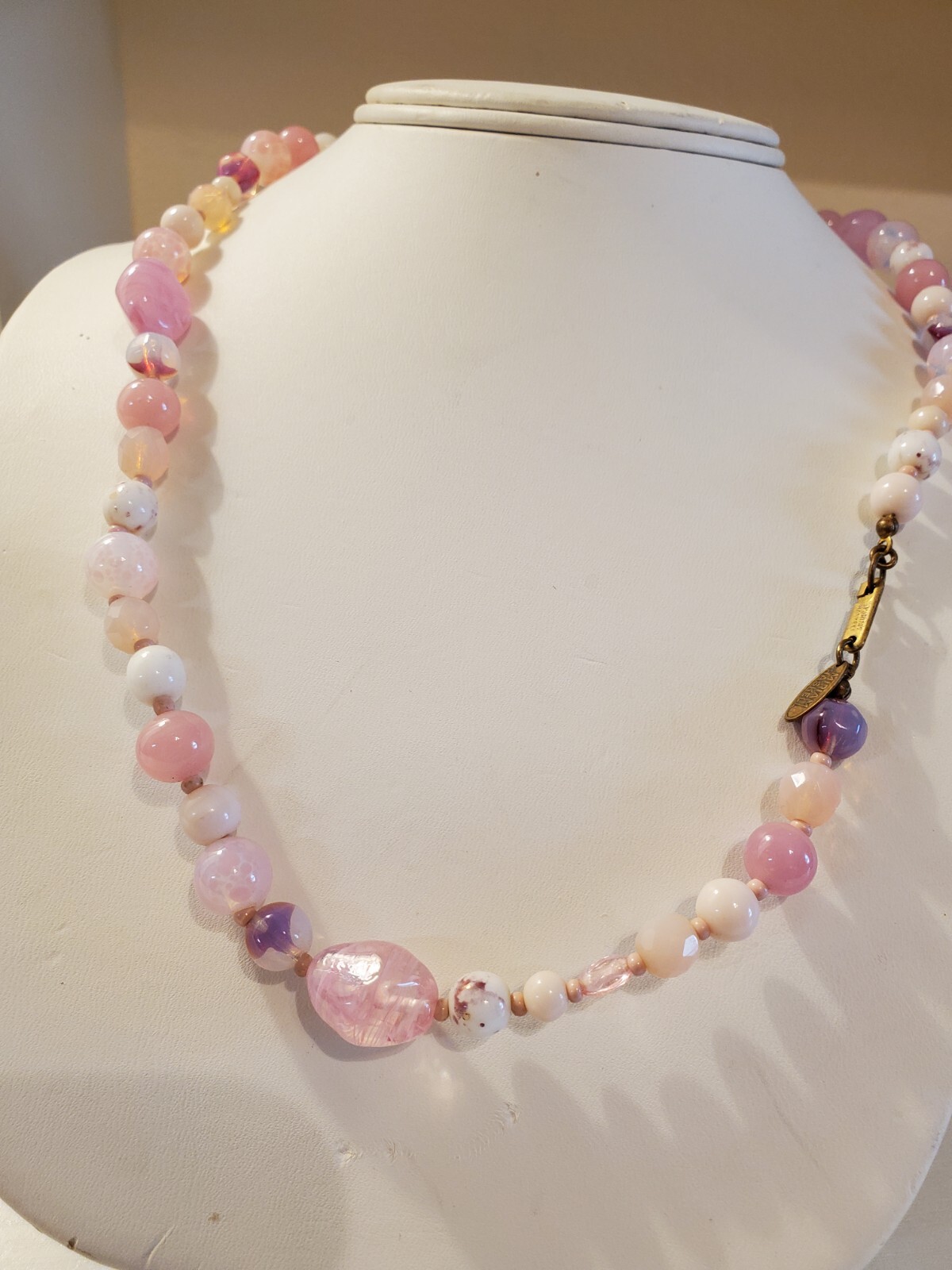 Vtg. Miriam Haskell Pink Glass Beaded Necklace Single Strand Push Lock Closure