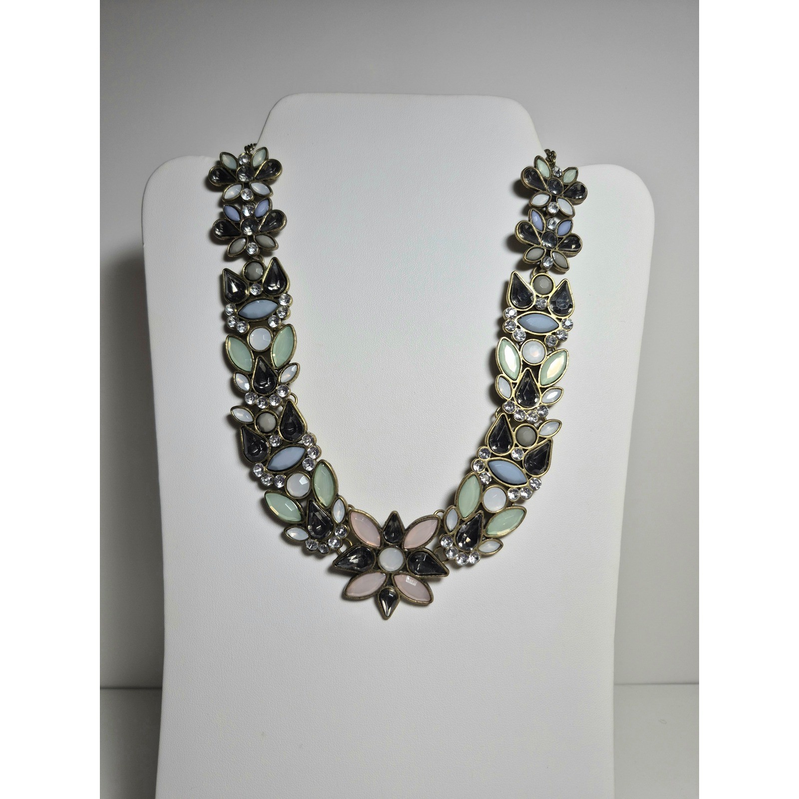 Floral Statement Bib Necklace Antique Brass Tone Pastel Stones Rhinestone Collar