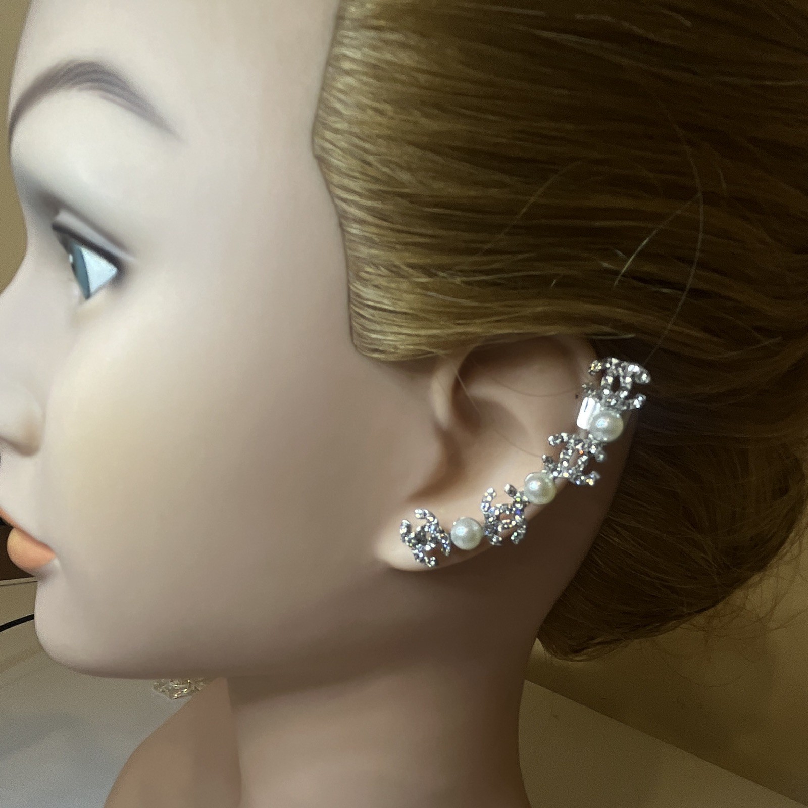 Fashion Jewelry Silver Tone Rhinestone Pearl Ear Cuff Climber Earrings