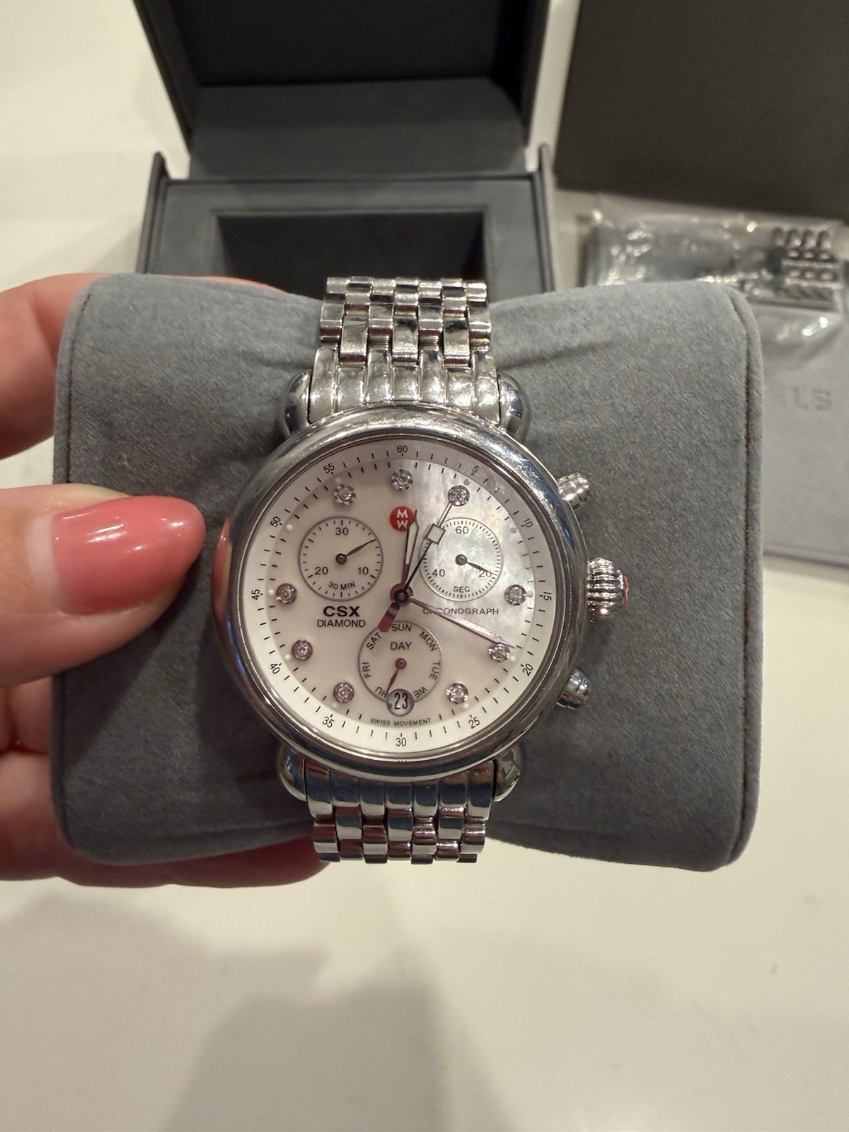 MICHELE CSX Diamond Chronograph Quartz Watch Diamond Markers MOP Dial Box