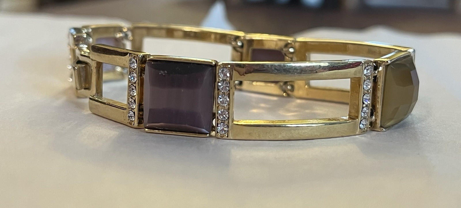 Gold Tone Bracelet Purple Brown Faceted Stones Rhinestone Accents