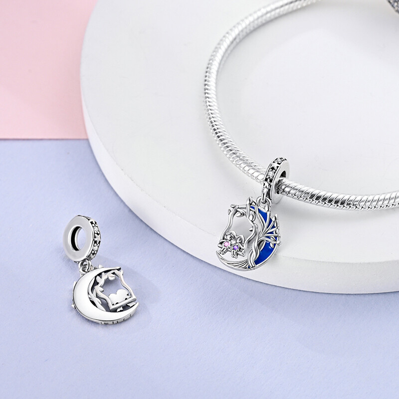 MULA European Silver Plated CZ Charm Enamel Swing and Moon For Women Bracelet