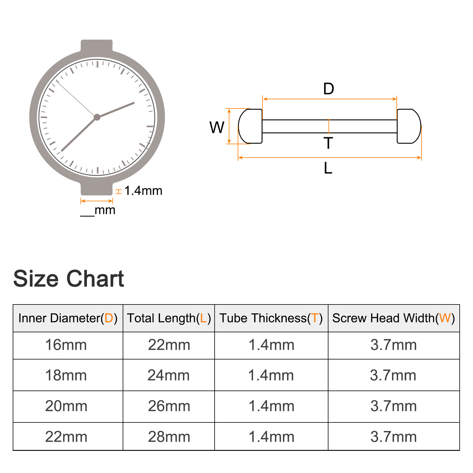 2pcs Watch Screw Tube Rod 22mm Stainless Steel Watch Strap Pins Silver