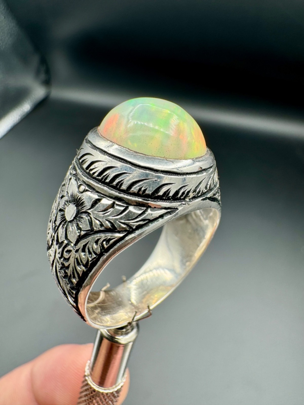 6.90 carats Natural Ethiopian White Opal Handmade Size 11.5 Silver Ring for Male