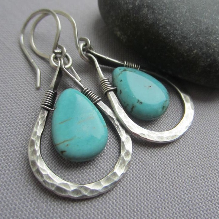Boho Simple Hammer Lines Raindrops Turquoise Silver-plated Alloy Dangle Earrings