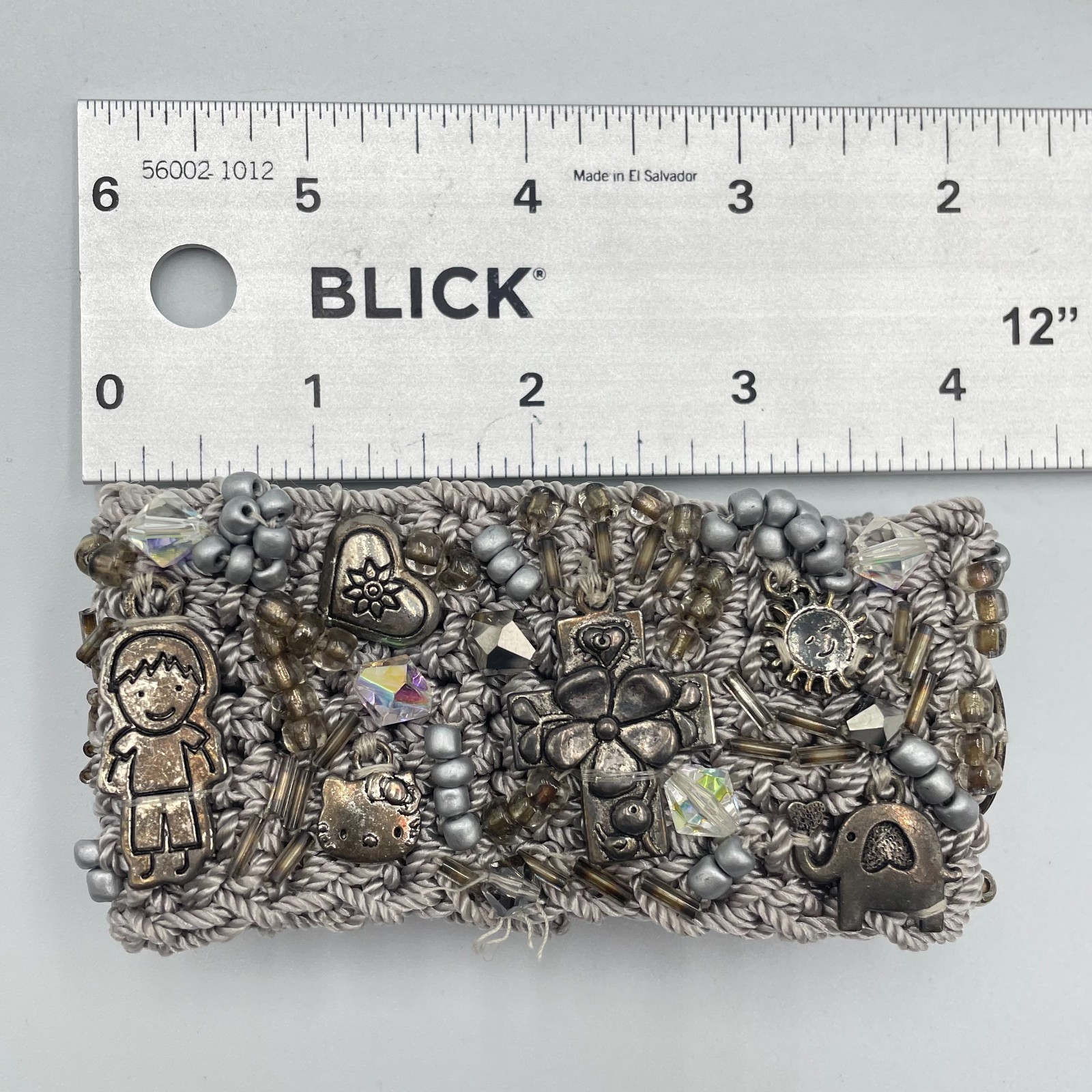 VTG Y2k Crochet Cuff Bracelet Grey Beaded Eclectic Charm Statement Wristband