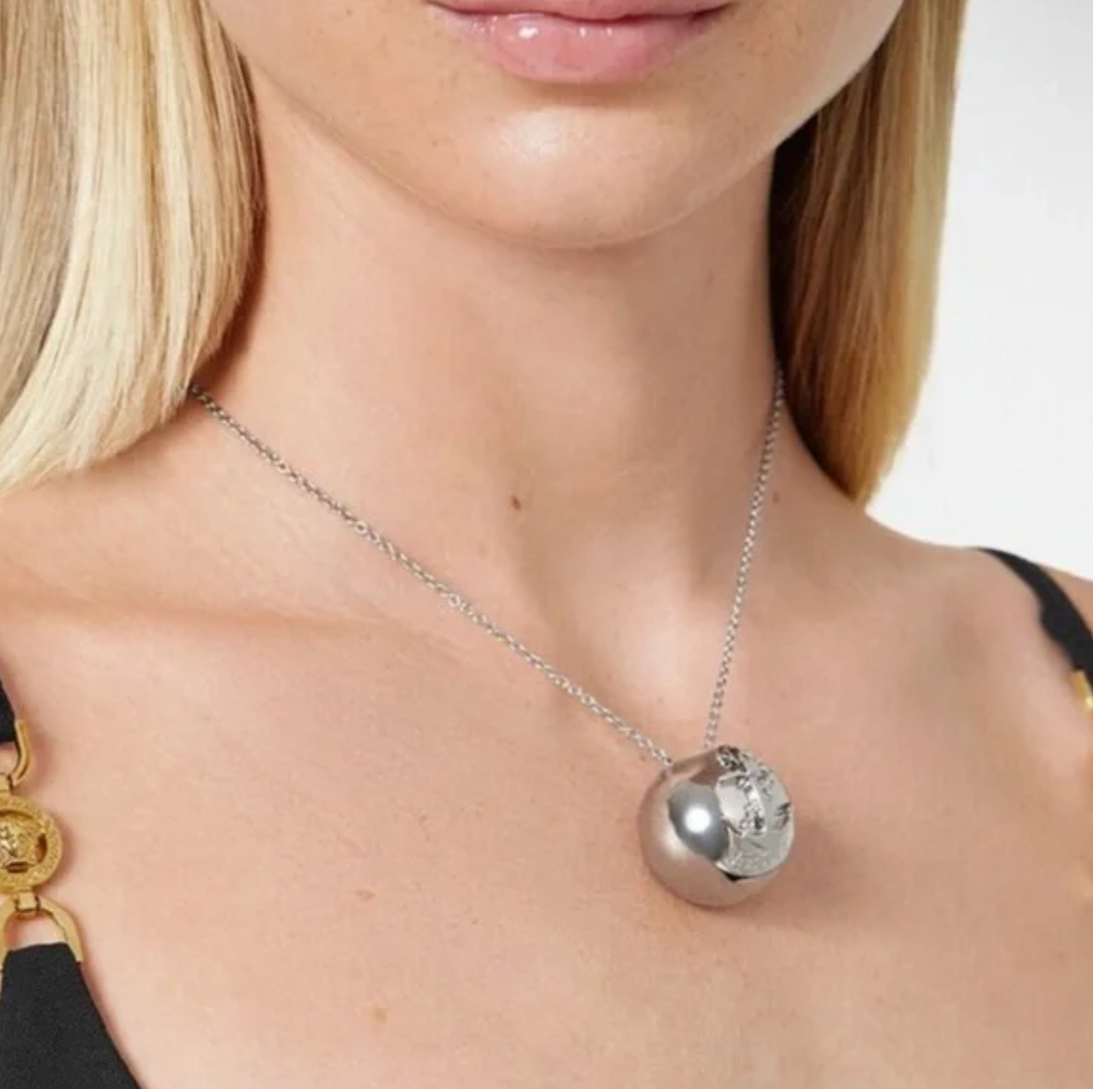 NIB Versace Nautical Anchor Logo Large Silver Sphere Round Pendant Necklace $975