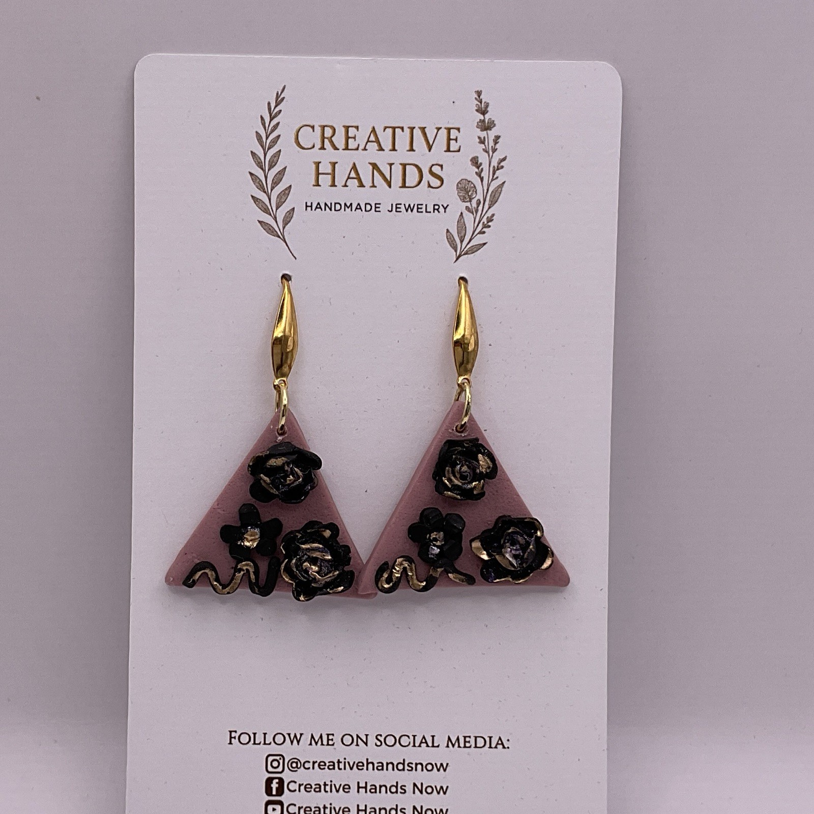 Handmade Pink Triangle Rose Vine Earrings Black Gold Floral Polymer Clay Dangle