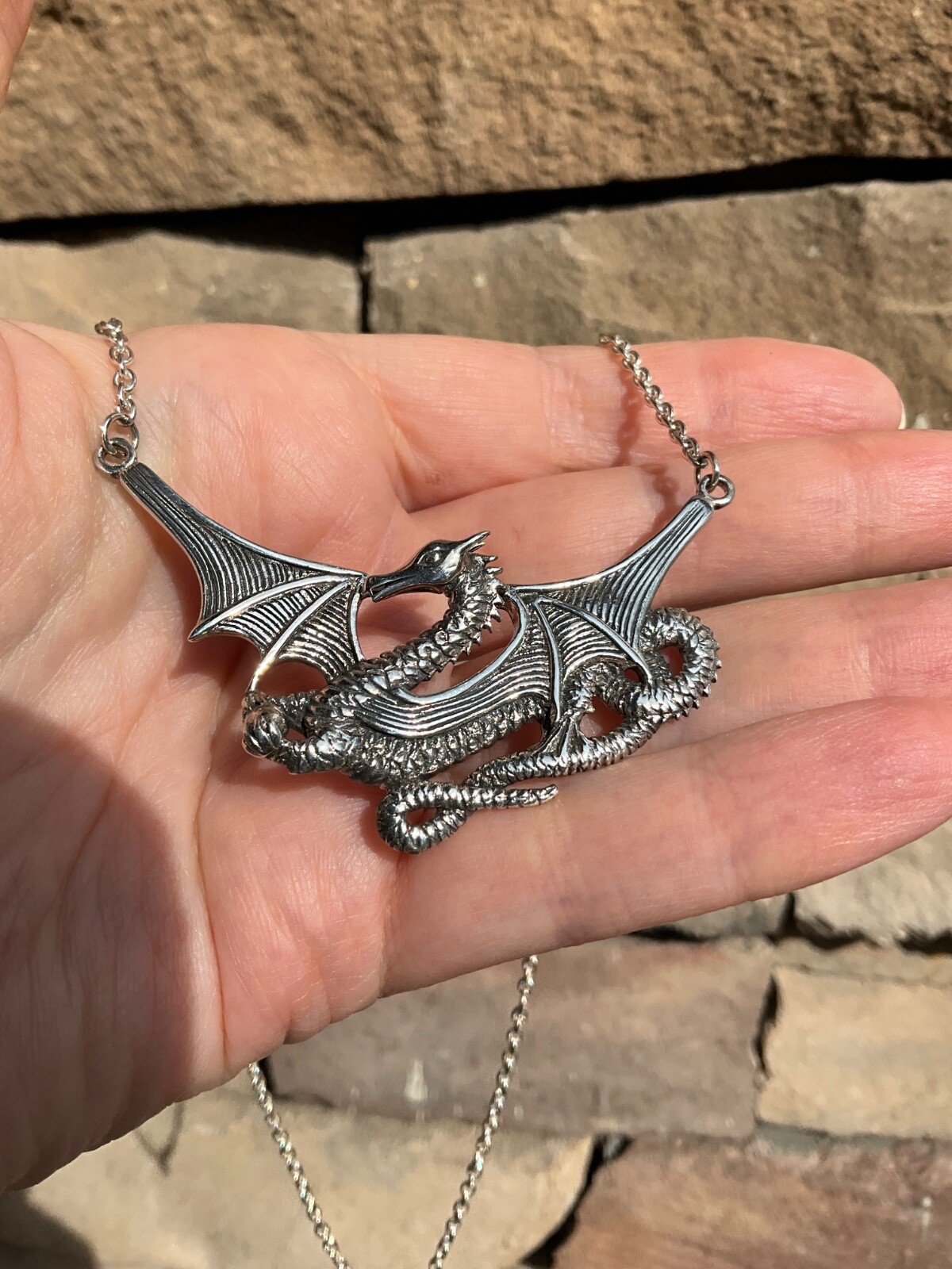 Huge Sterling Silver Dragon Necklace Peter Stone