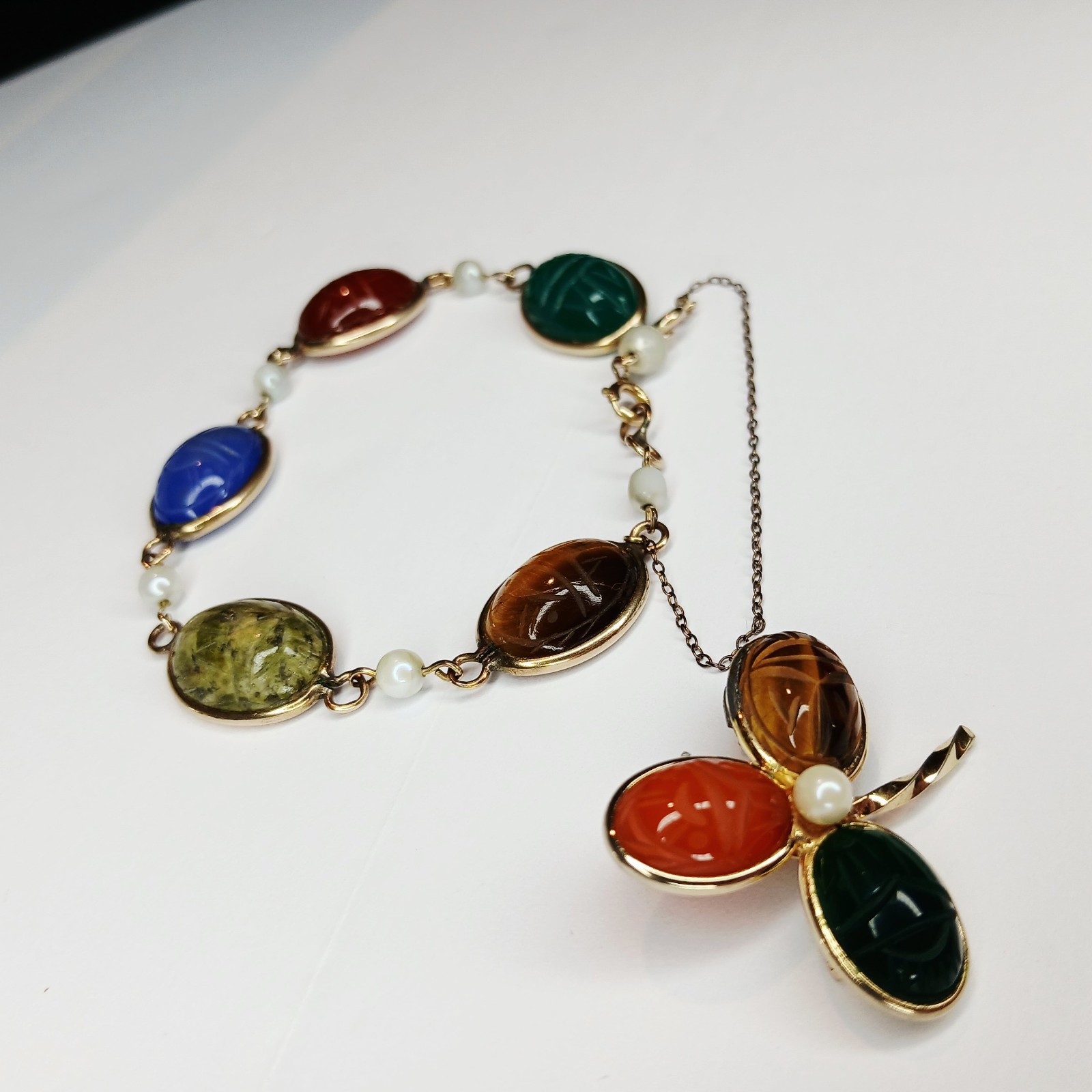 Vintage ~ Burt Cassell Egyptian Revival Gemstone Scarab Bracelet & Brooch Set 8″