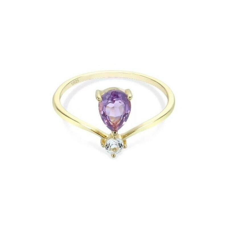 Pear Cut Simulated Purple Amethyst Stunning Wedding Ring 14k Yellow Gold Plated