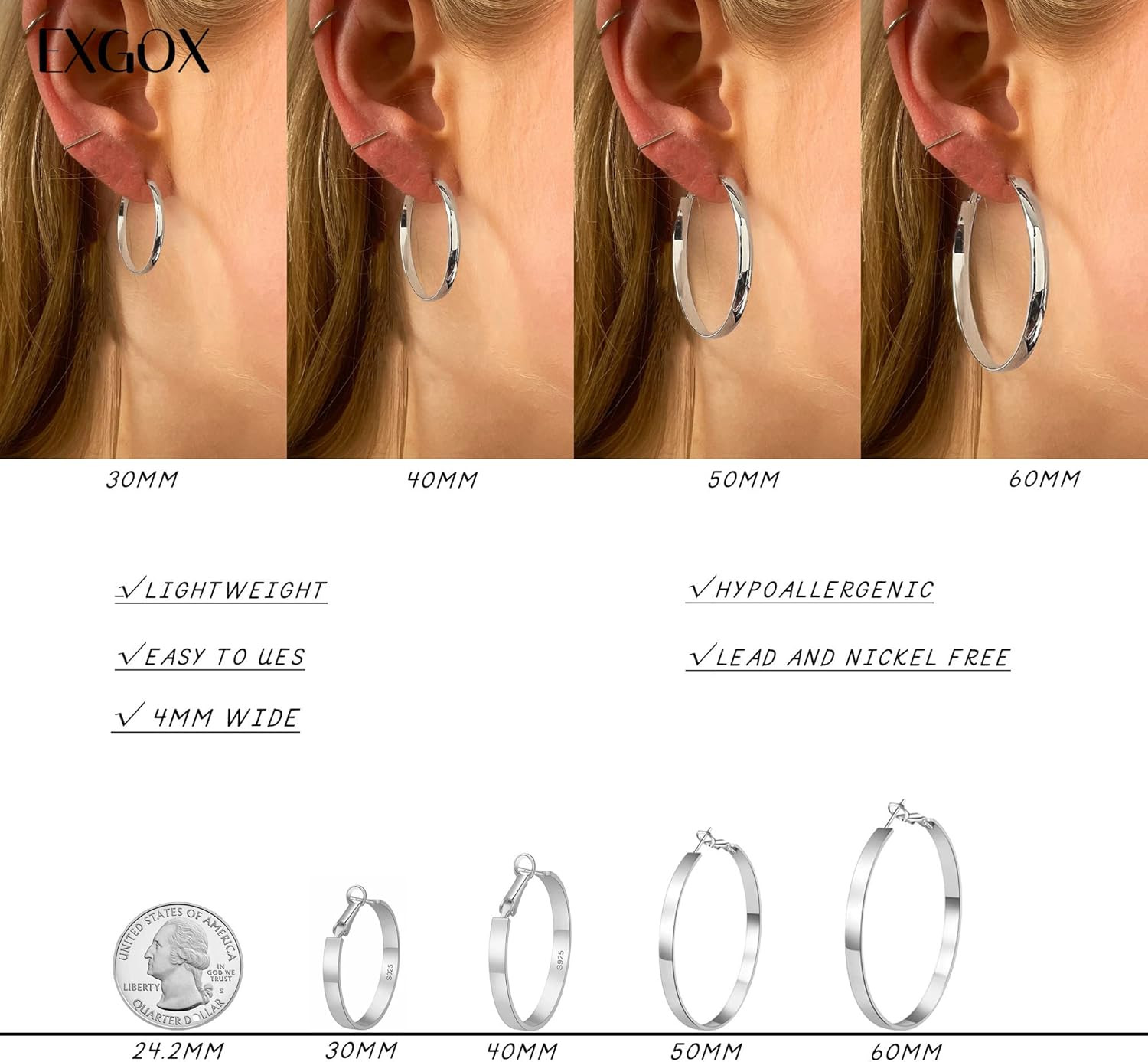 Silver Hoop Earrings for Women – Sterling Silver & 14K Gold Plated – Hypoallerge