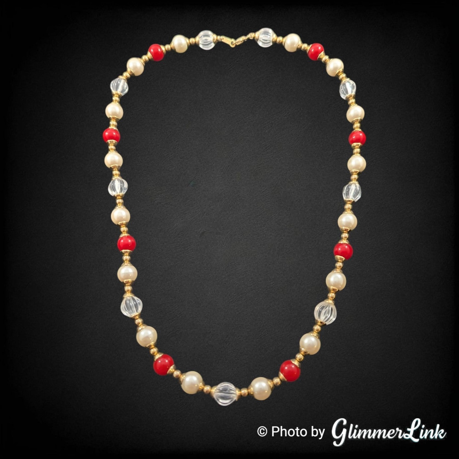 Vintage Faux Pearl Lucite Beaded Necklace Red White Gold Tone 22.5 Inch