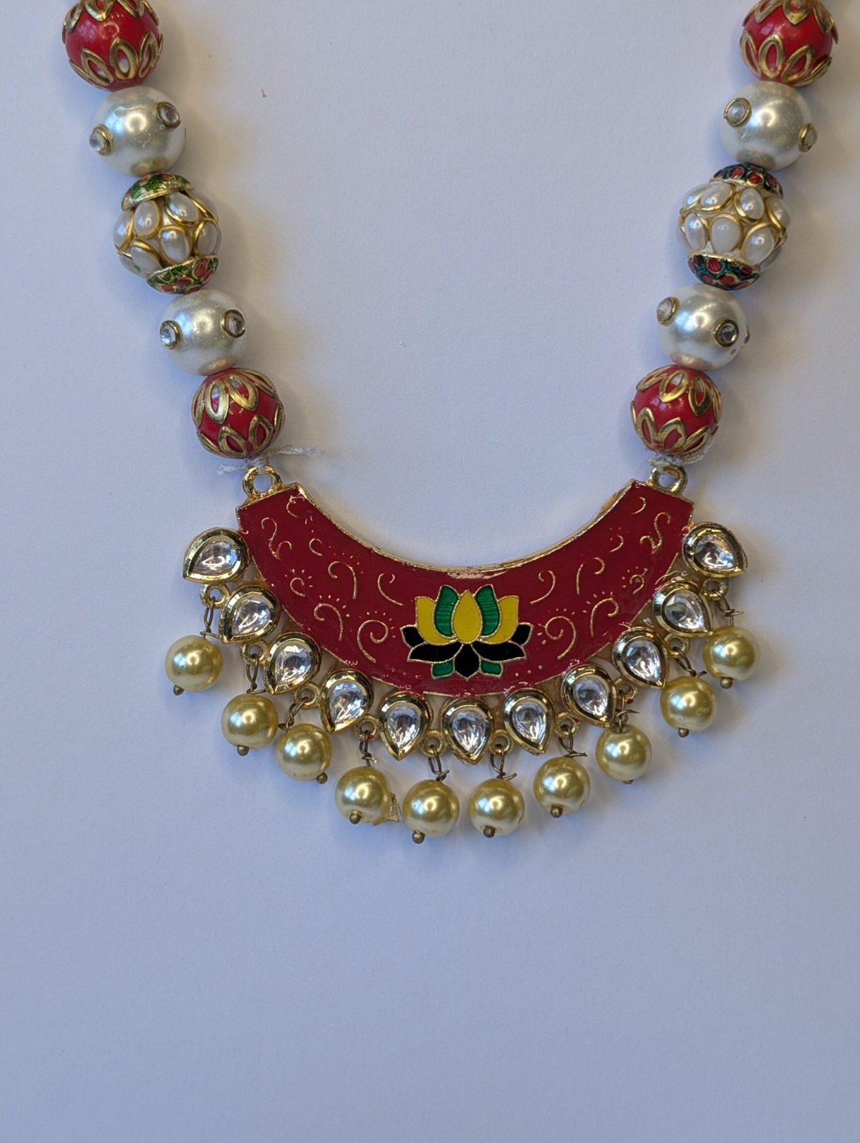 Handmade Lotus Thread Necklace Set Red Meenakari Pearl Indian Ethnic Jewelry