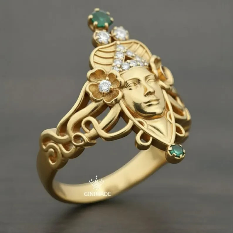 Art Nouveau Gold Goddess Face Ring w/ Emerald & Diamond