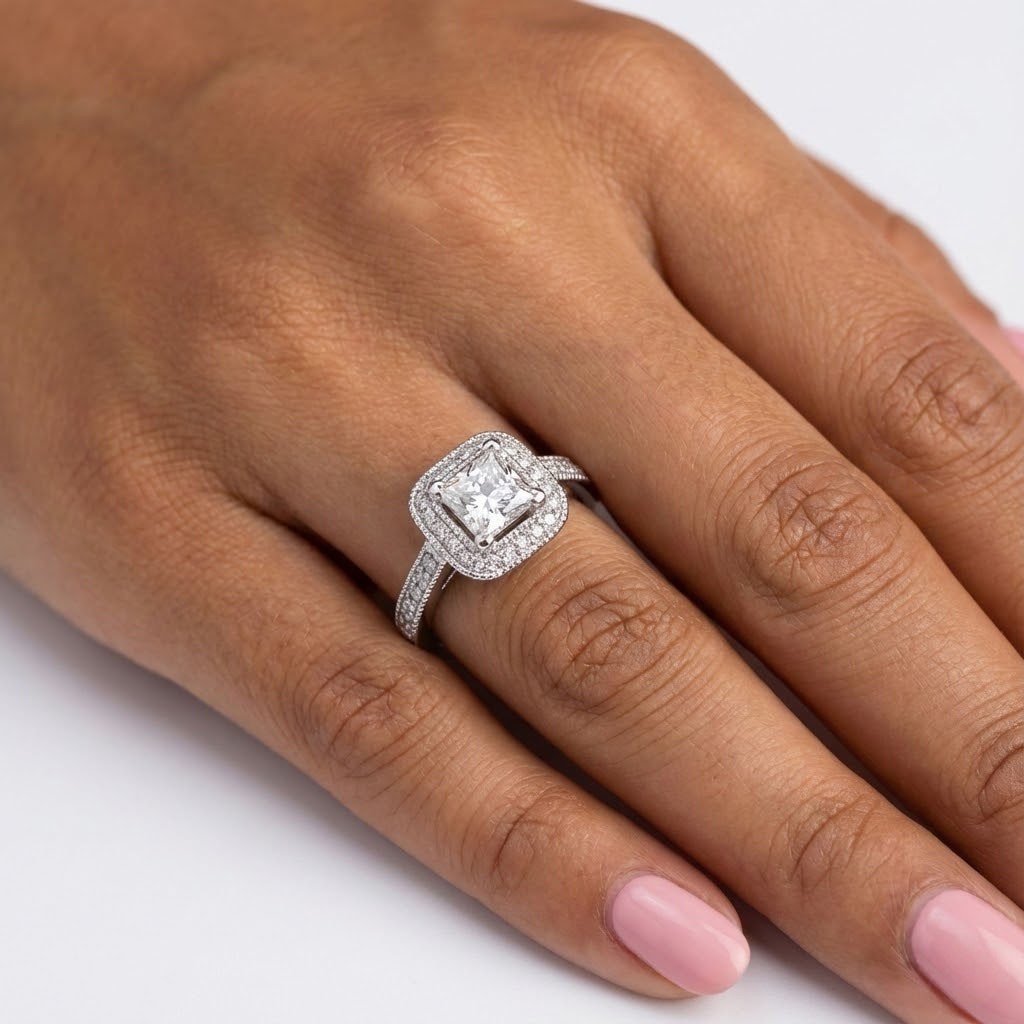 Engagement Ring Halo Platinum 1.60 Carat Princess Lab-Grown Diamond G VS1