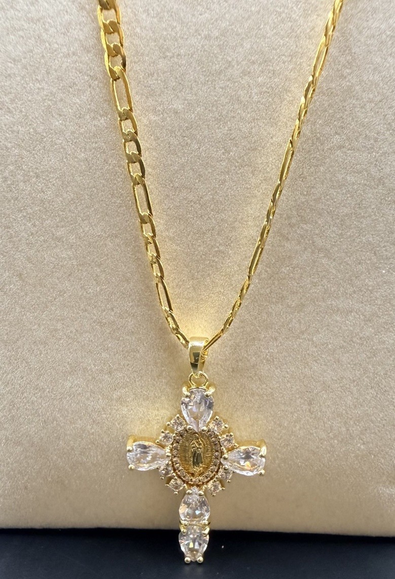 Gold Tone Cross Pendant Necklace Clear Crystal Prong Set, Figaro Chain