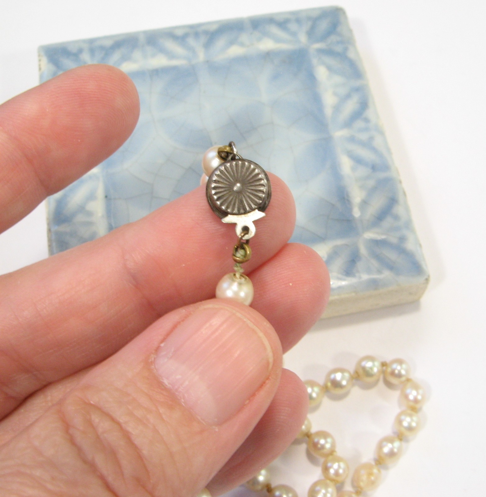 Vintage AKOYA Cultured PEARL Hand-knotted NECKLACE 6mm Sterling Silver 17.75″