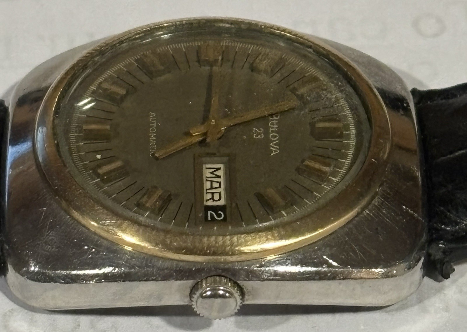 Vintage Bulova Automatic 23 Jewel Day Date Brown Dial Gold Tone Men’s Watch