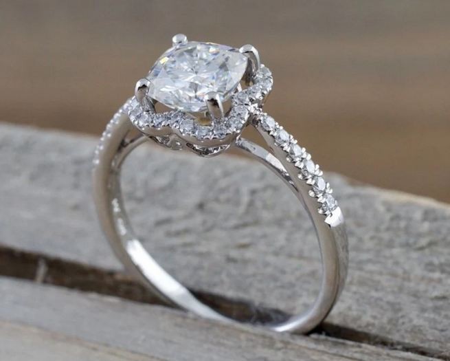 2.40Ct Cushion Moissanite Halo Engagement Ring Pavé Band 14k White Gold Plated