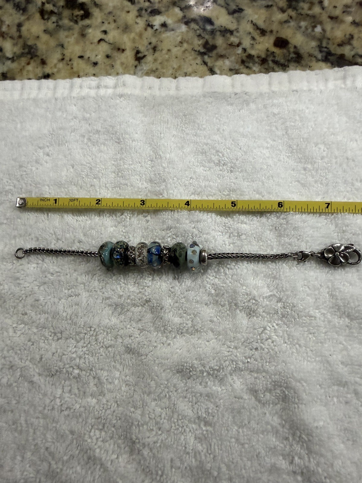 Trollbeads SS 7.5 inch Charm Bracelet with 8 Retired Charms in Blues