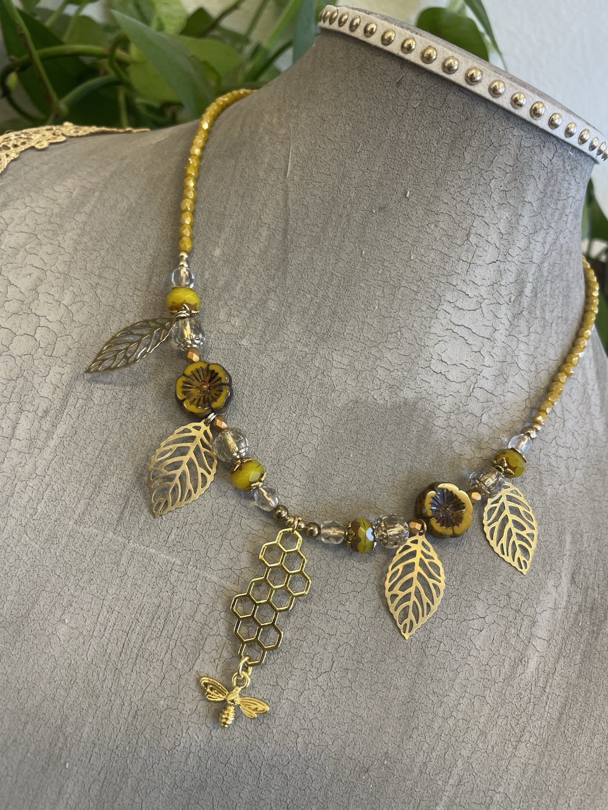 Gold and Yellow Tone Beaded Necklace w/ Leaf Charms & Honeycomb Bee Pendant