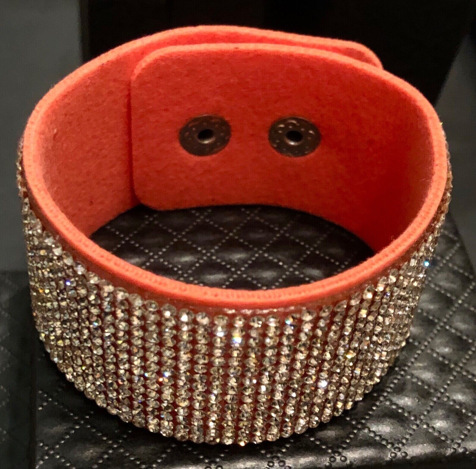 Swarovski Element Crystal Wrap Bracelet Orange Alcantara Leather Wide Bling Cuff