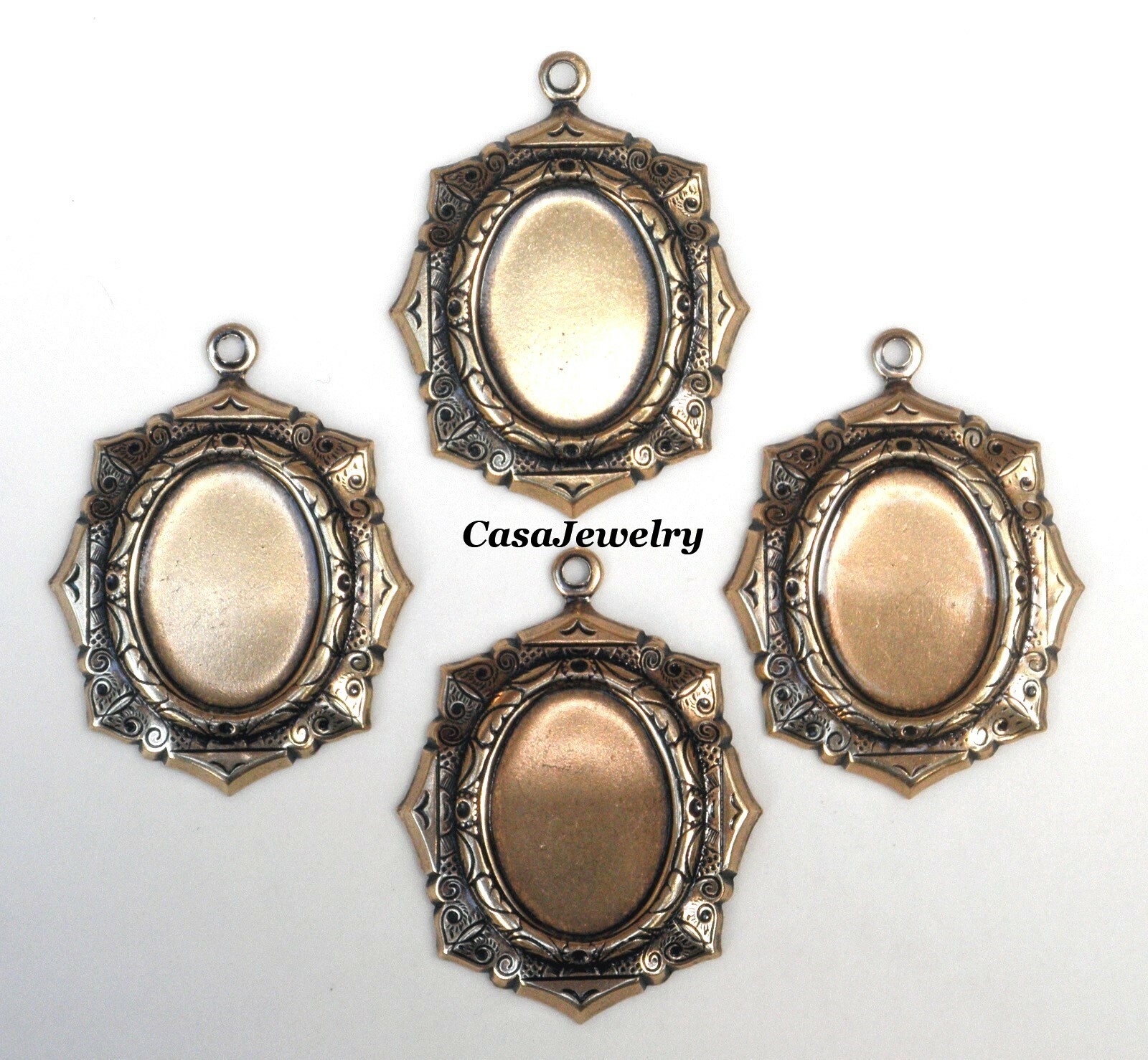 #1595 ANTIQUED GOLD 18X13 OCTAGON BEZEL W/TOP HANG RING – 4 Pc Lot
