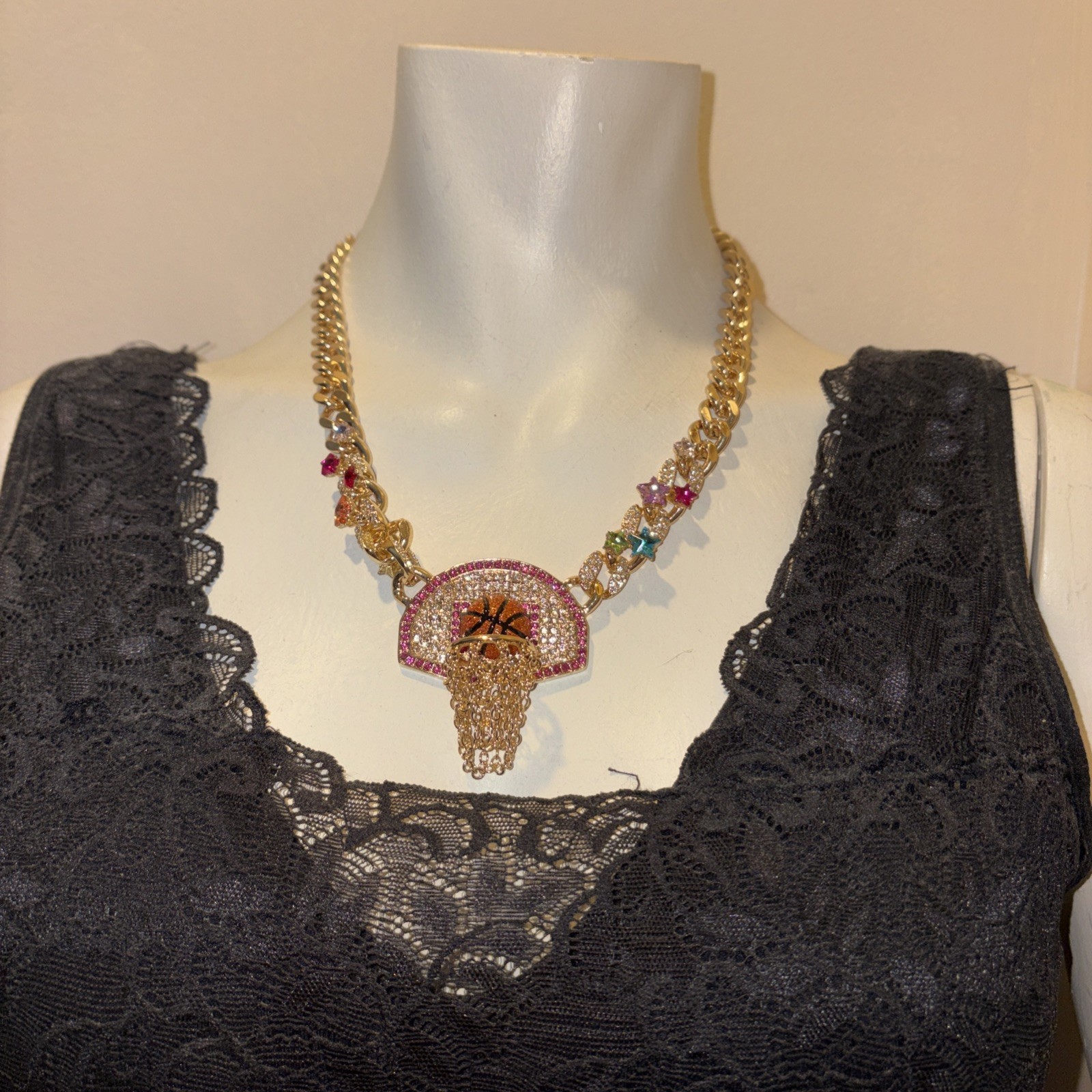 Betsey Johnson Necklace Gold Tone Basketball Hoop Drop With Orange Glitter Balls