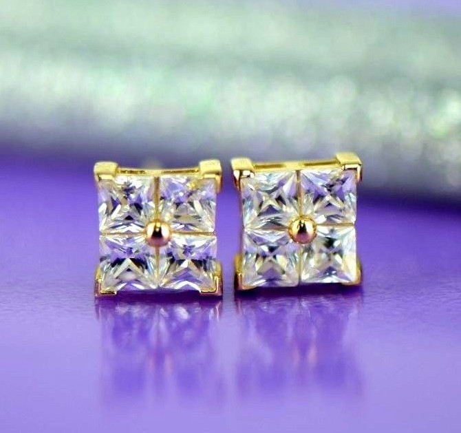 14K Yellow or White Gold Fancy Square CZ Stud Earrings