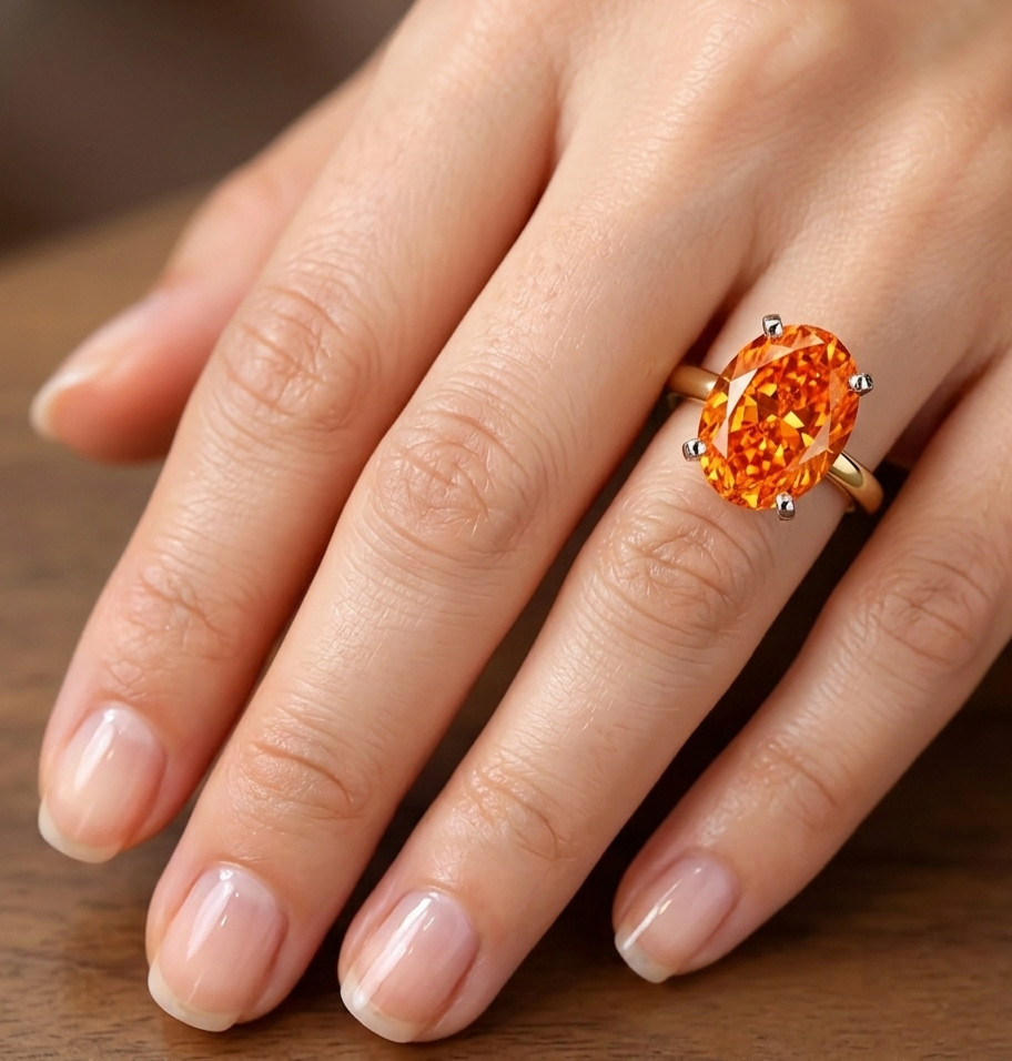 8.00 Ct Certified Oval Shape Natural Orange Diamond Ring VVS1 Yellow Gold Finish