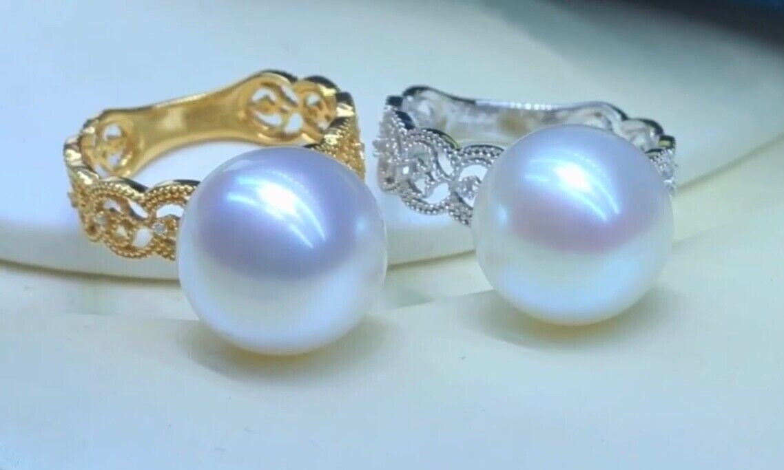 12.3mm Big South Sea White Pearl Ring High Cool Luster 18k White Gold Diamonds
