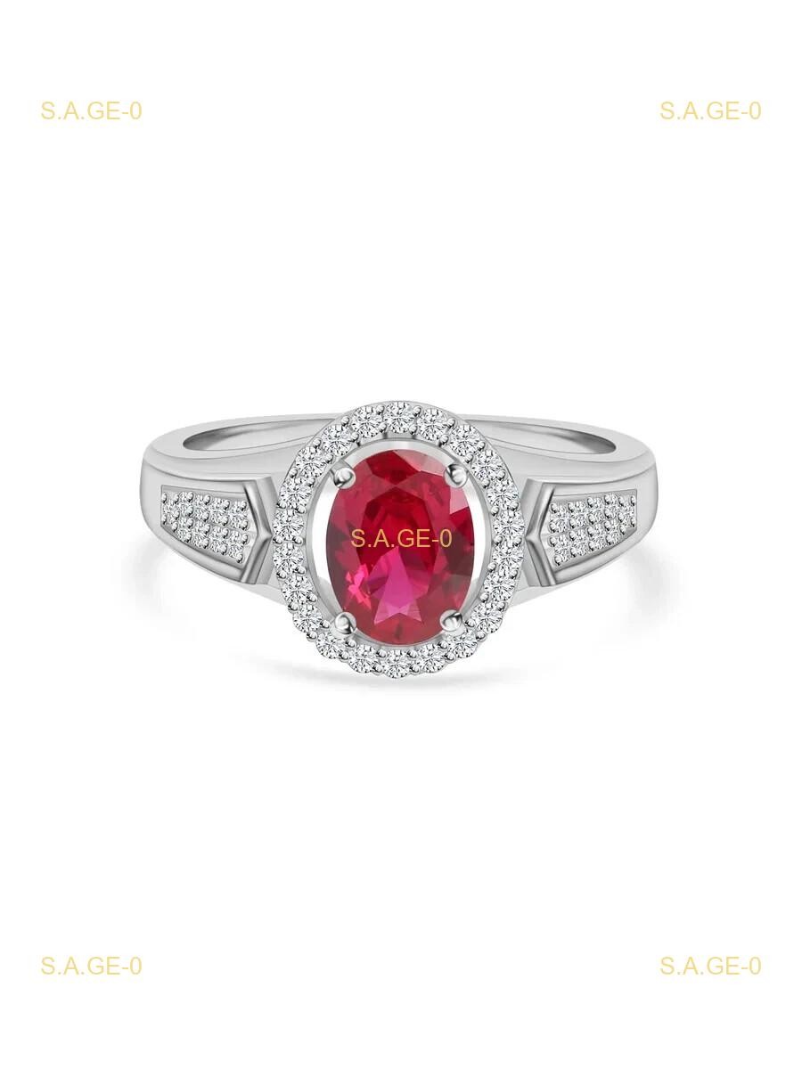 3.29 Ct Oval Red Natural Ruby Diamond Engagement Ring 14K White Gold Solid Fine