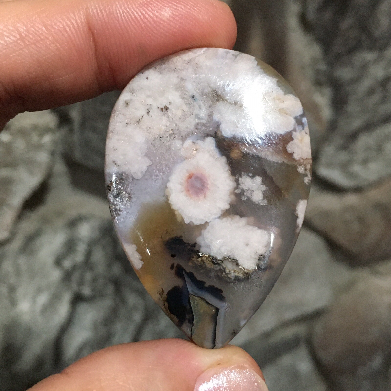 48×32.9×4.5mm Fine Collectors’ Flower Picture Plume Agate Teardrop Cabochon Gem