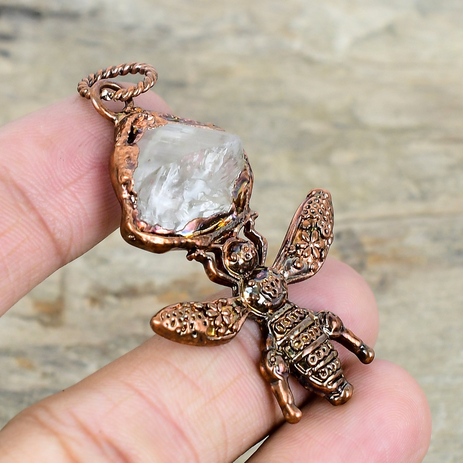 Natural White Topaz Rough New Electroformed And Honey Bee Pendant Jewelry Copper