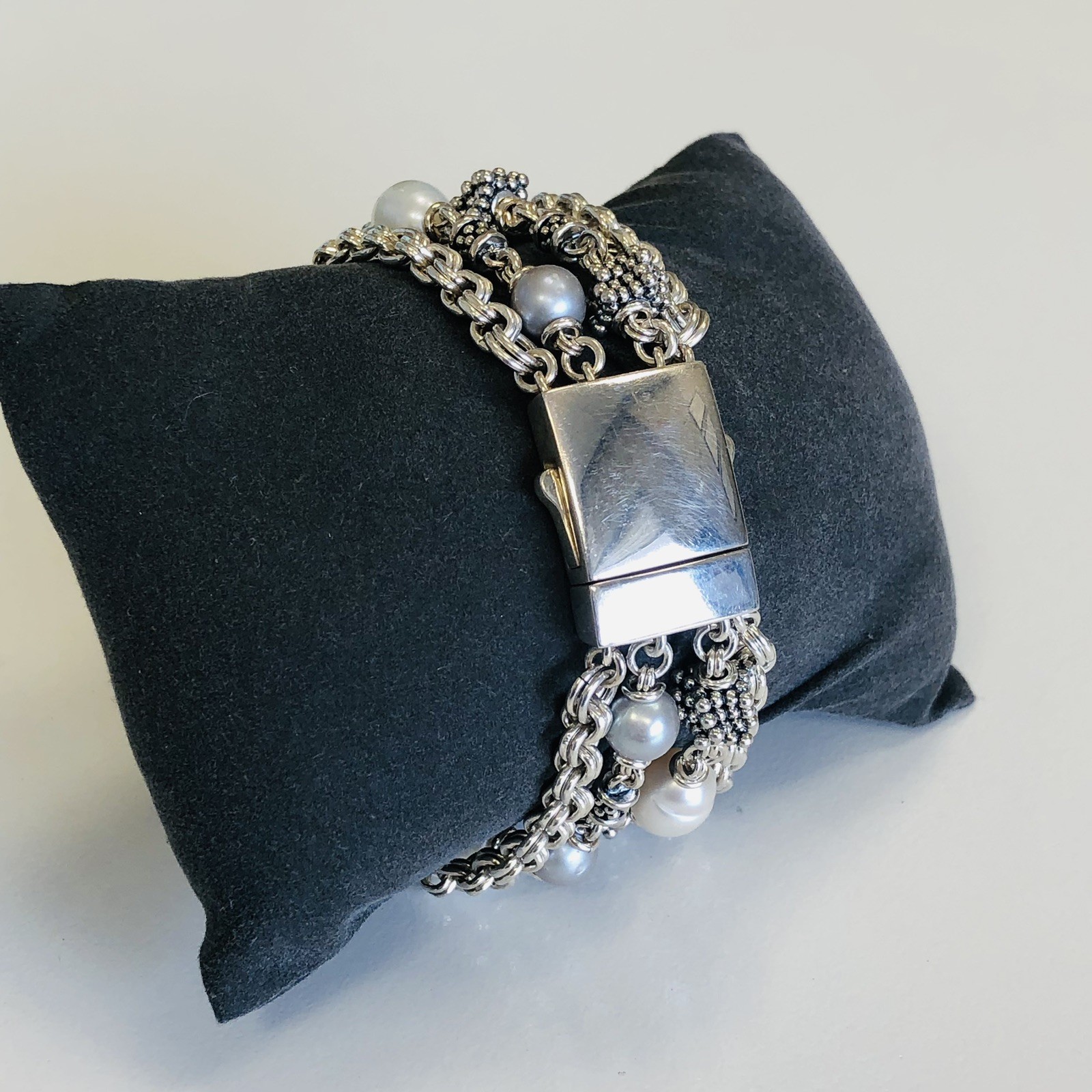 Excellent! Michael Dawkins Sterling Silver & Pearl 4-Strand Chain Bracelet 8″