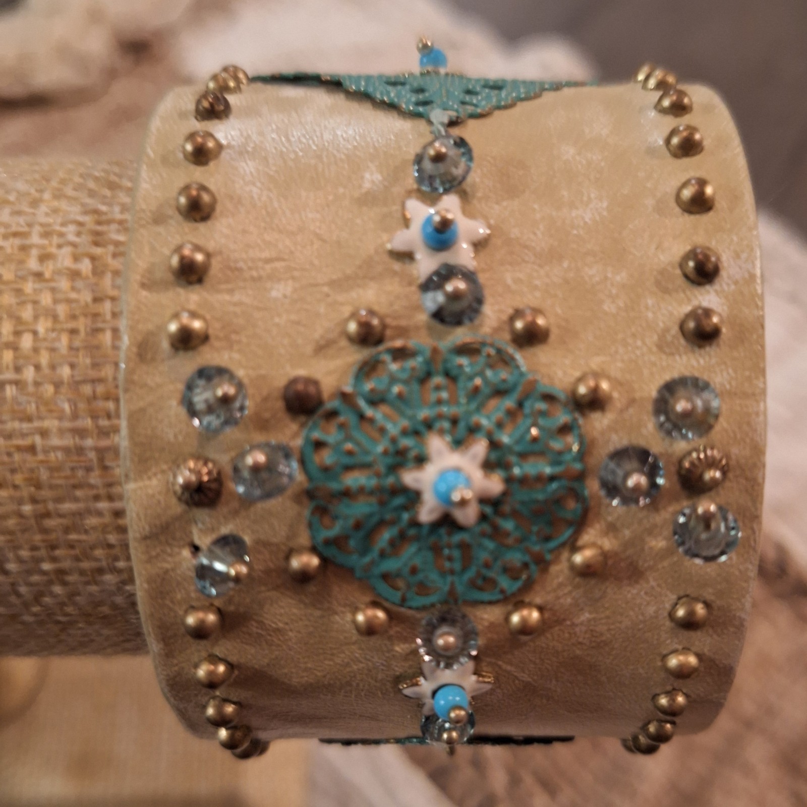 Western Embellished Leather Cuff Crystal,Metal,Enamel Embellishments 2″ wide