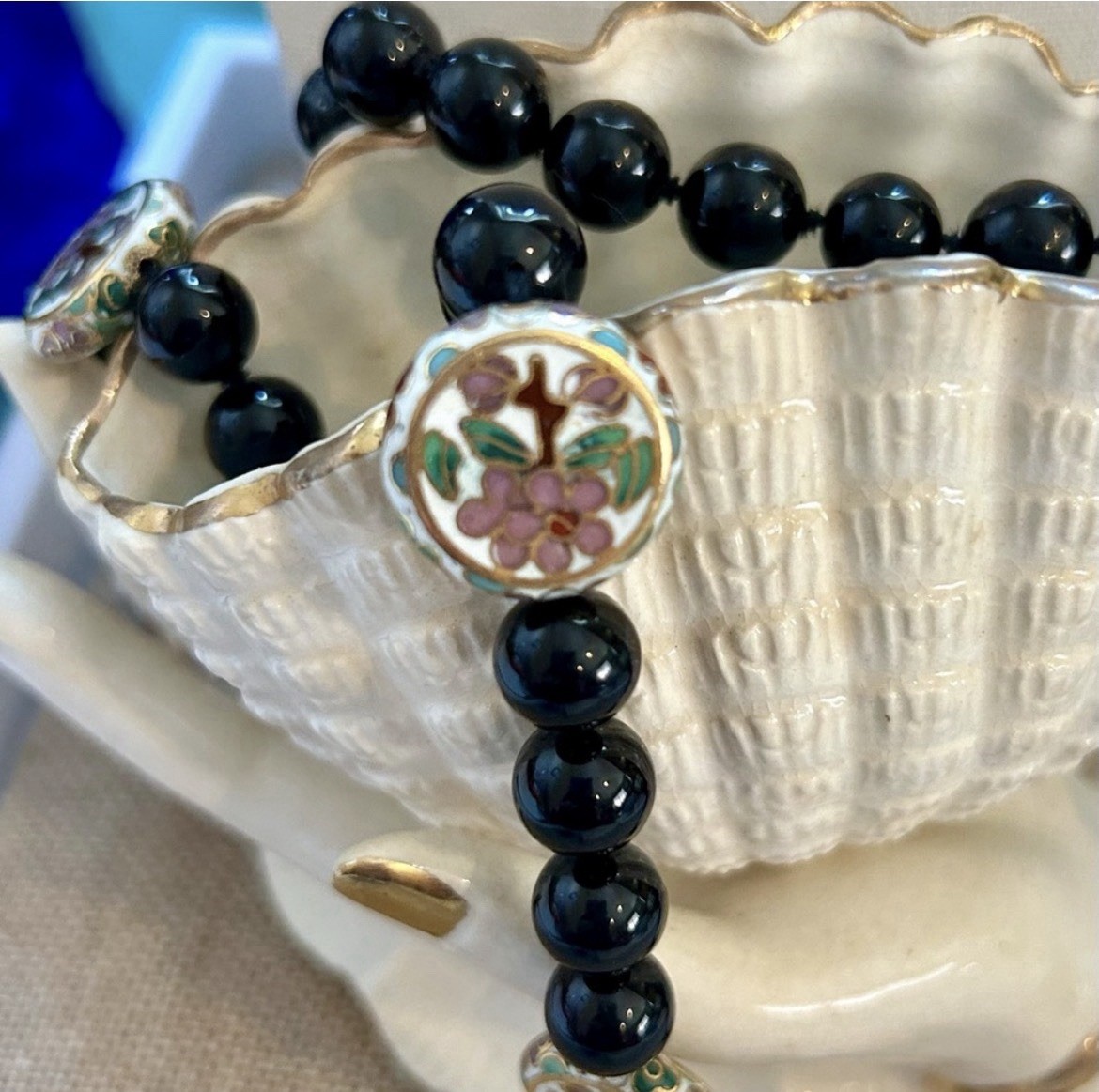 Vintage Onyx and Cloisonné Beaded Necklace Gatsby Victorian Art Deco
