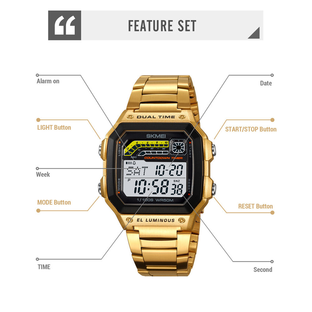 SKMEI Men Digital Watch Weekdate LED Wristwatch Male Steel Countdown Boy Watches