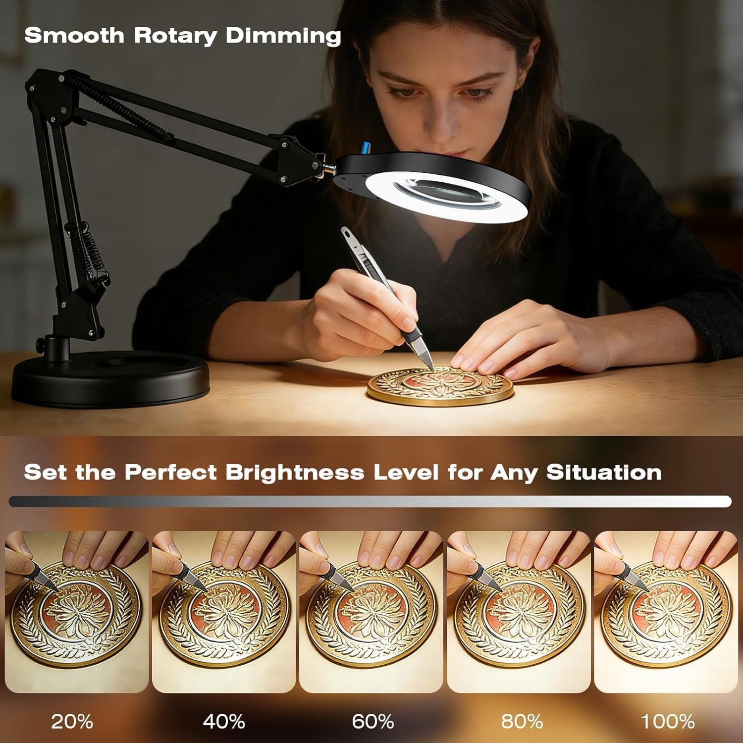 10X LED Magnifying Glass with Light & Stand, 5 Color Modes, Hands-Free Desk Lamp