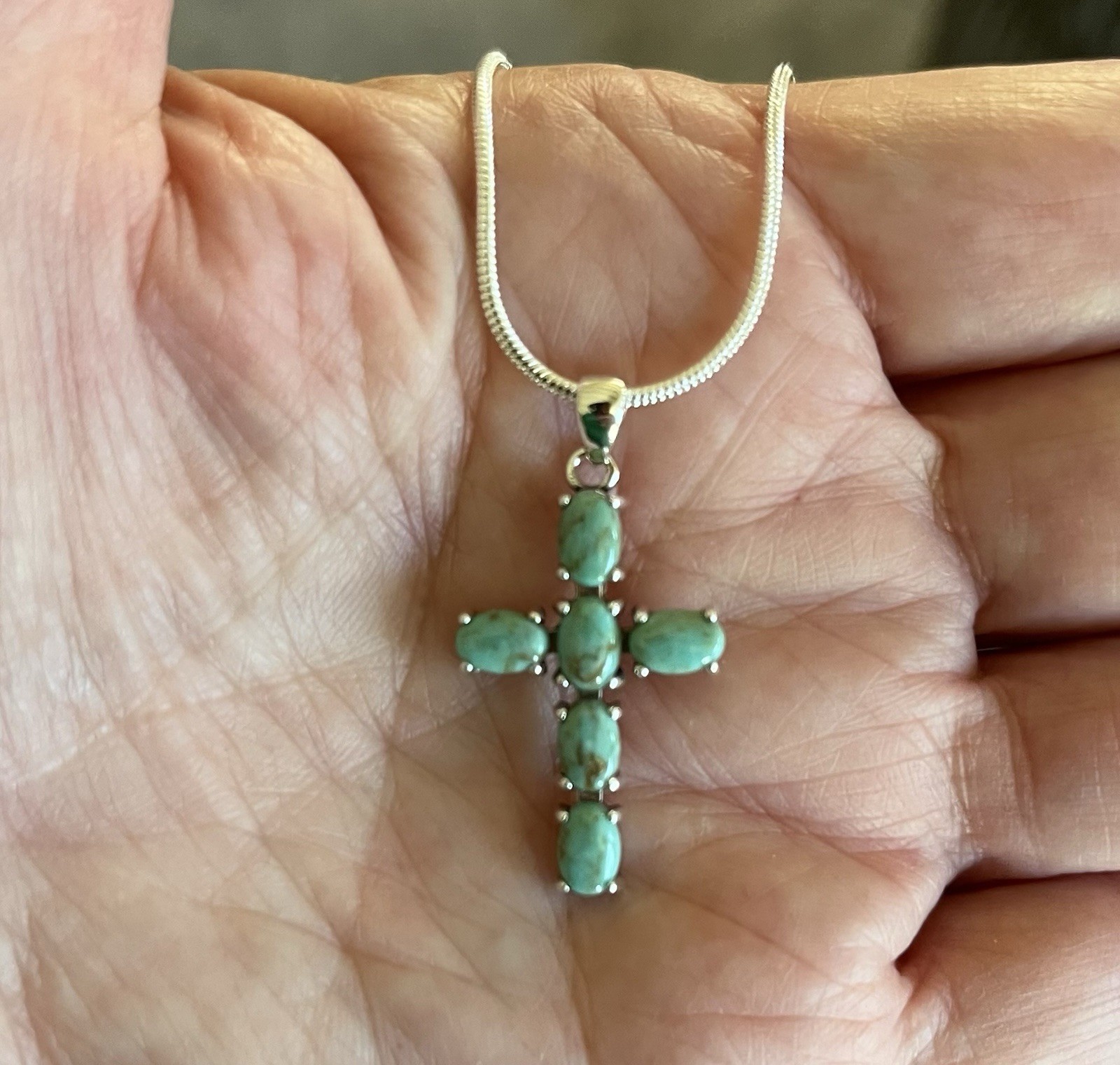 Sterling Silver Genuine Turquoise Cross Necklace 18in. Height: 25mm, Nice Gift🩵