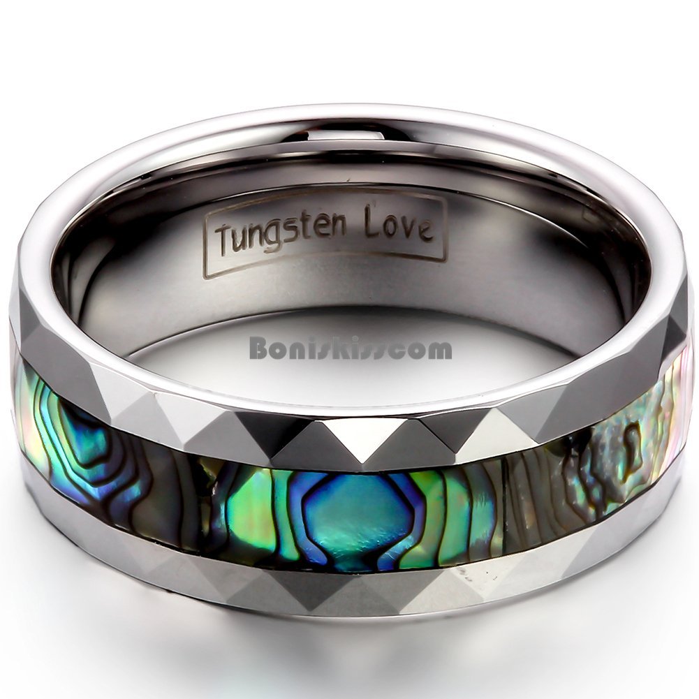 8mm Unisex Tungsten Carbide Ring w Abalone Shell Inlay Beveled Edge Wedding Band