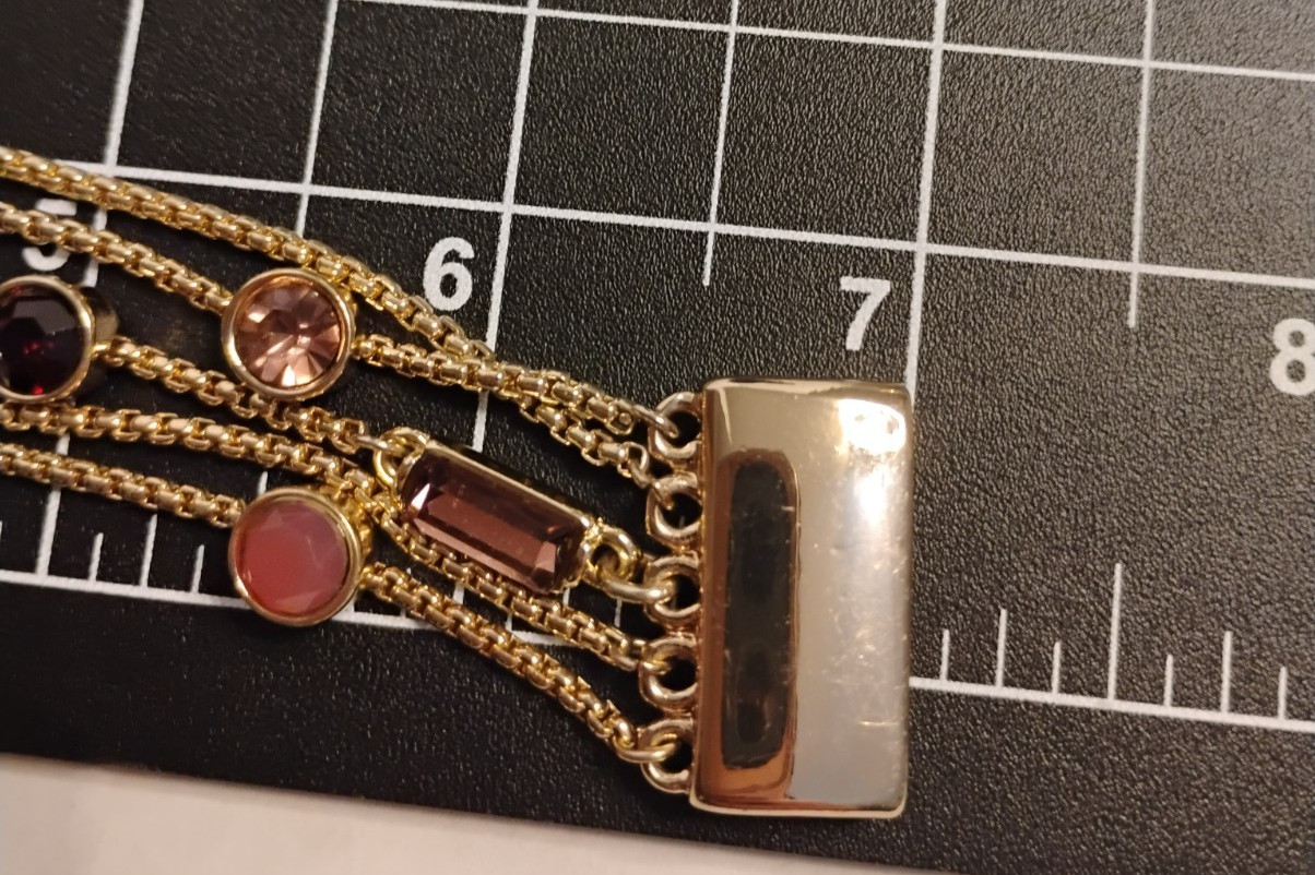 5 Strand Gold Tone Bracklet Purple Red & Pink Tones Glass Stations 7″