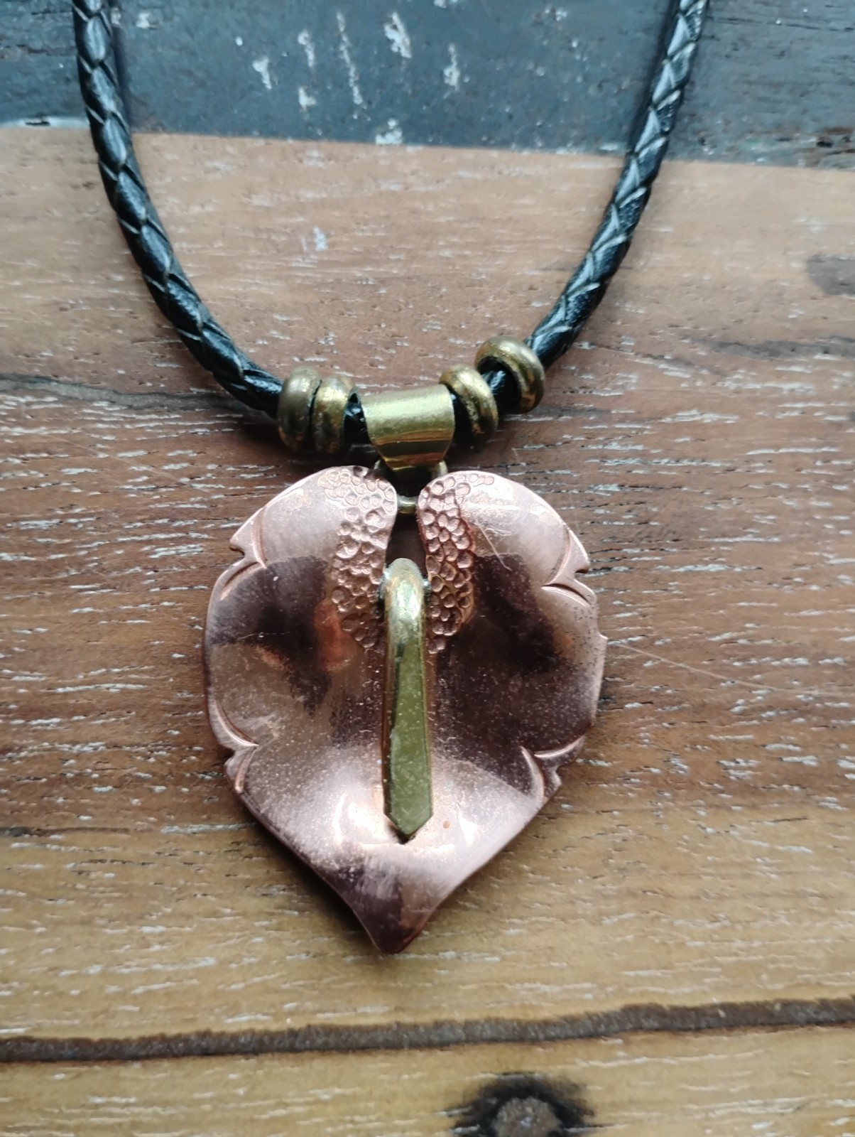 Chris Anderson copper brass Anthurium flower pendant leather cord 17″ necklace