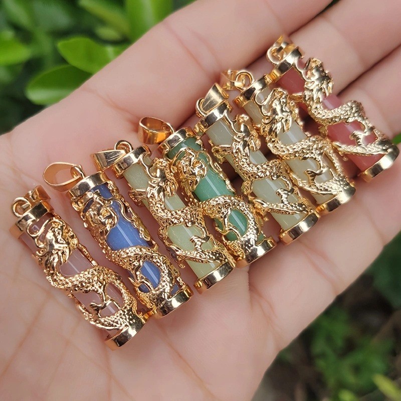 10PC Glow In the Dark Natural Stone Dragon Pendant Pillar Charm Necklace Jewelry